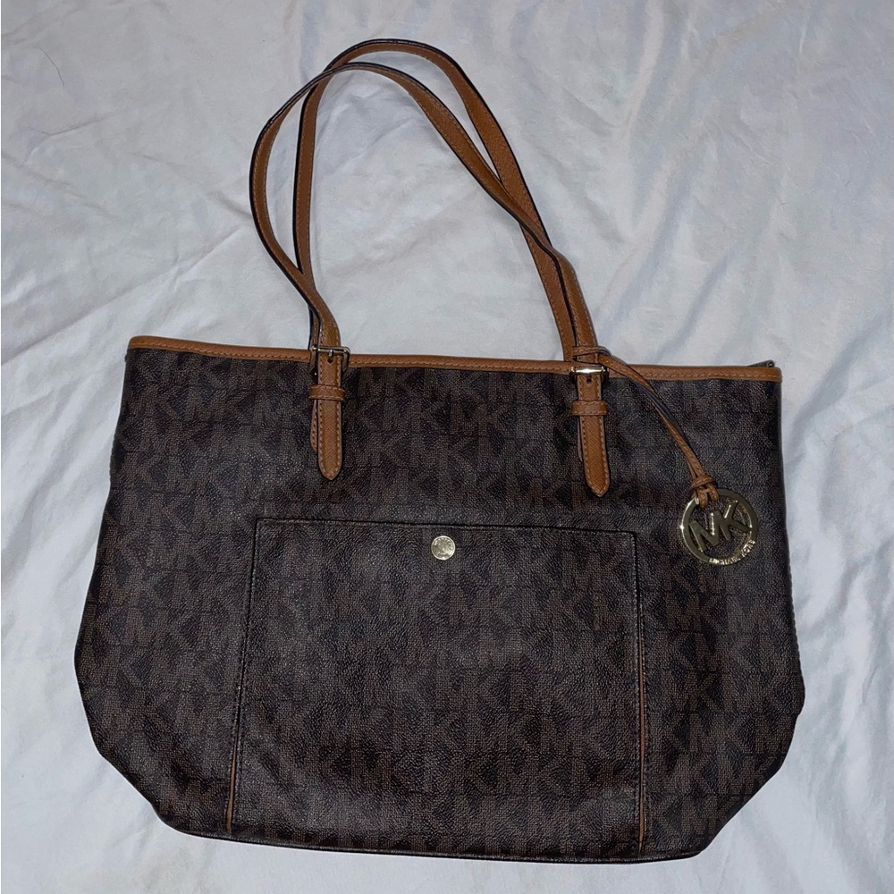 Michael Kors Brown Leather Logo Zip Top Tote Handbag